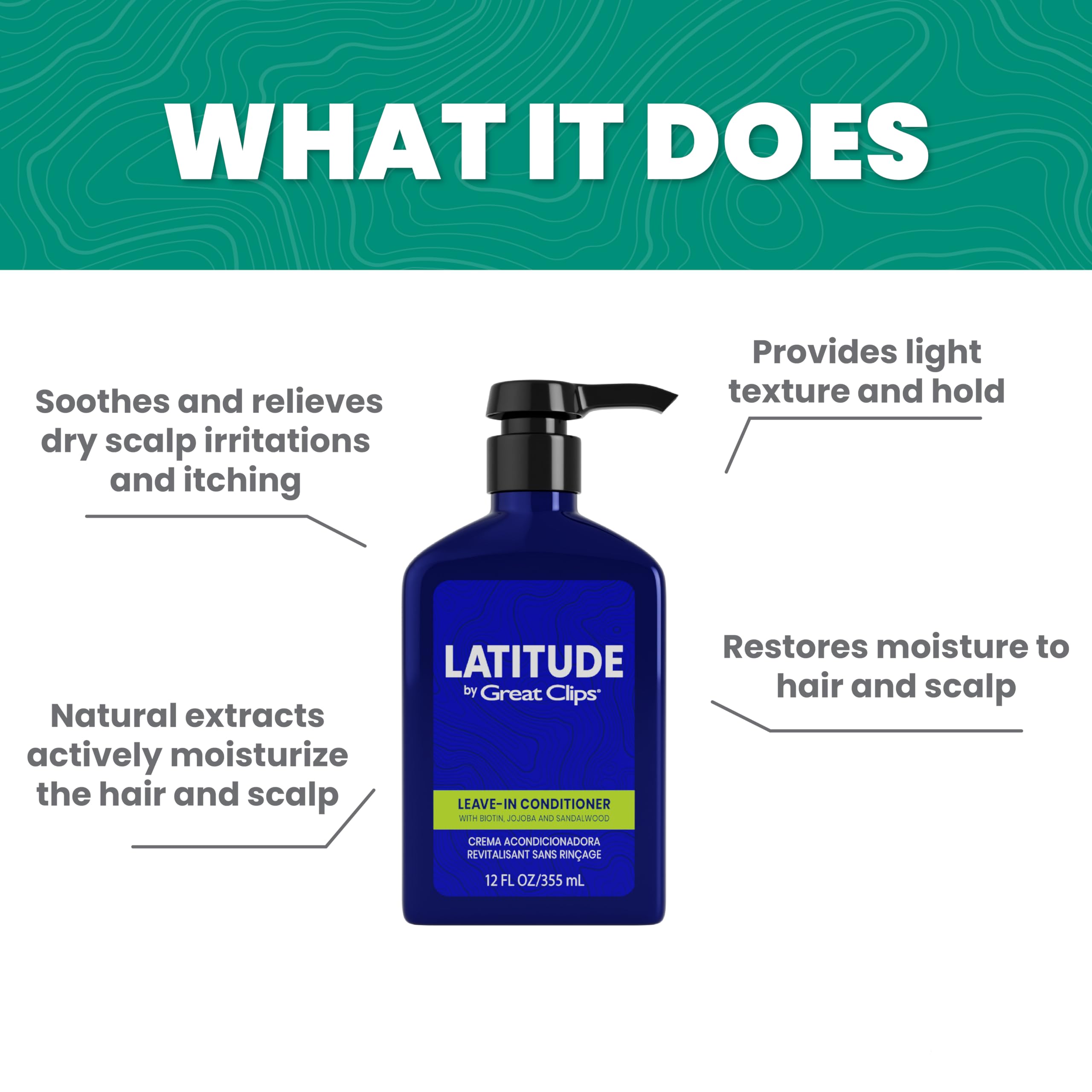 Great Clips Latitude bottle label shows biotin and jojoba for added moisture.