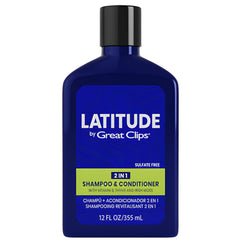 GREAT CLIPS Latitude bottle front view highlights 2-in-1 shampoo conditioner.