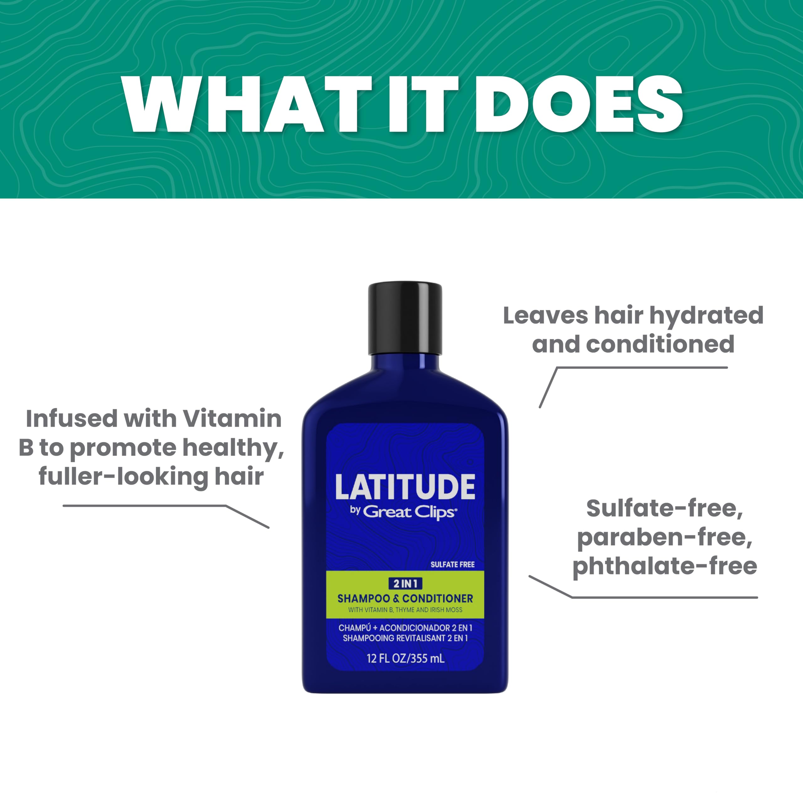 GREAT CLIPS Latitude bottle label close-up shows paraben- and sulfate-free formula.