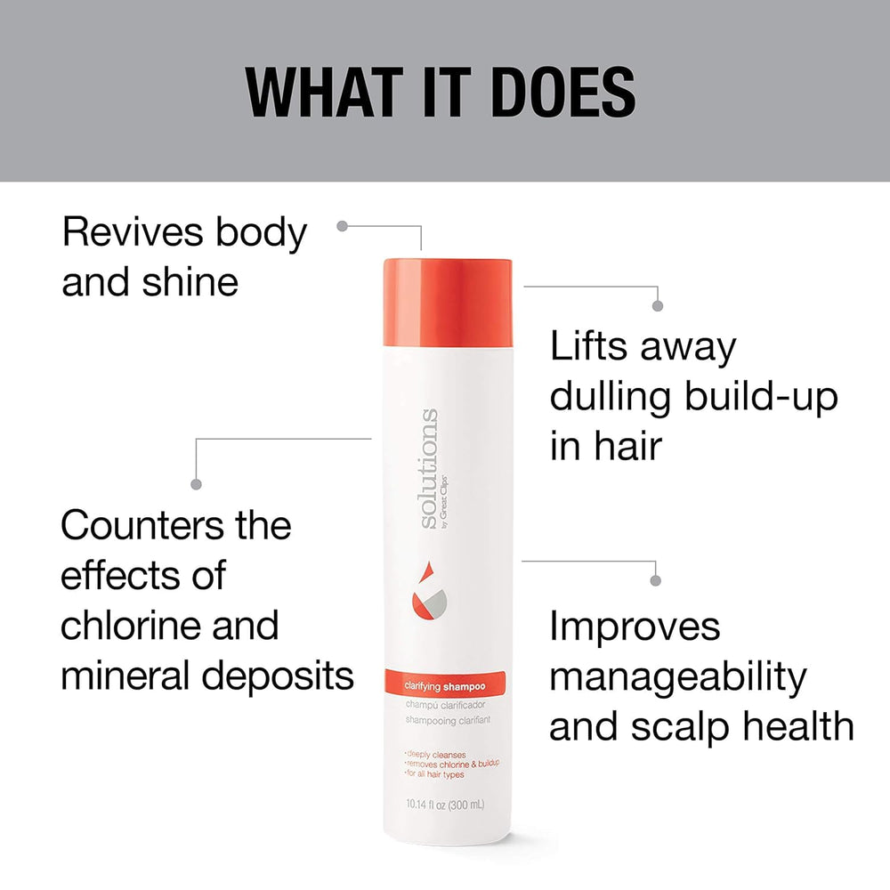 Great Clips Solutions Clarifying Shampoo swimmer scene; restores body and shine after chlorine exposure.