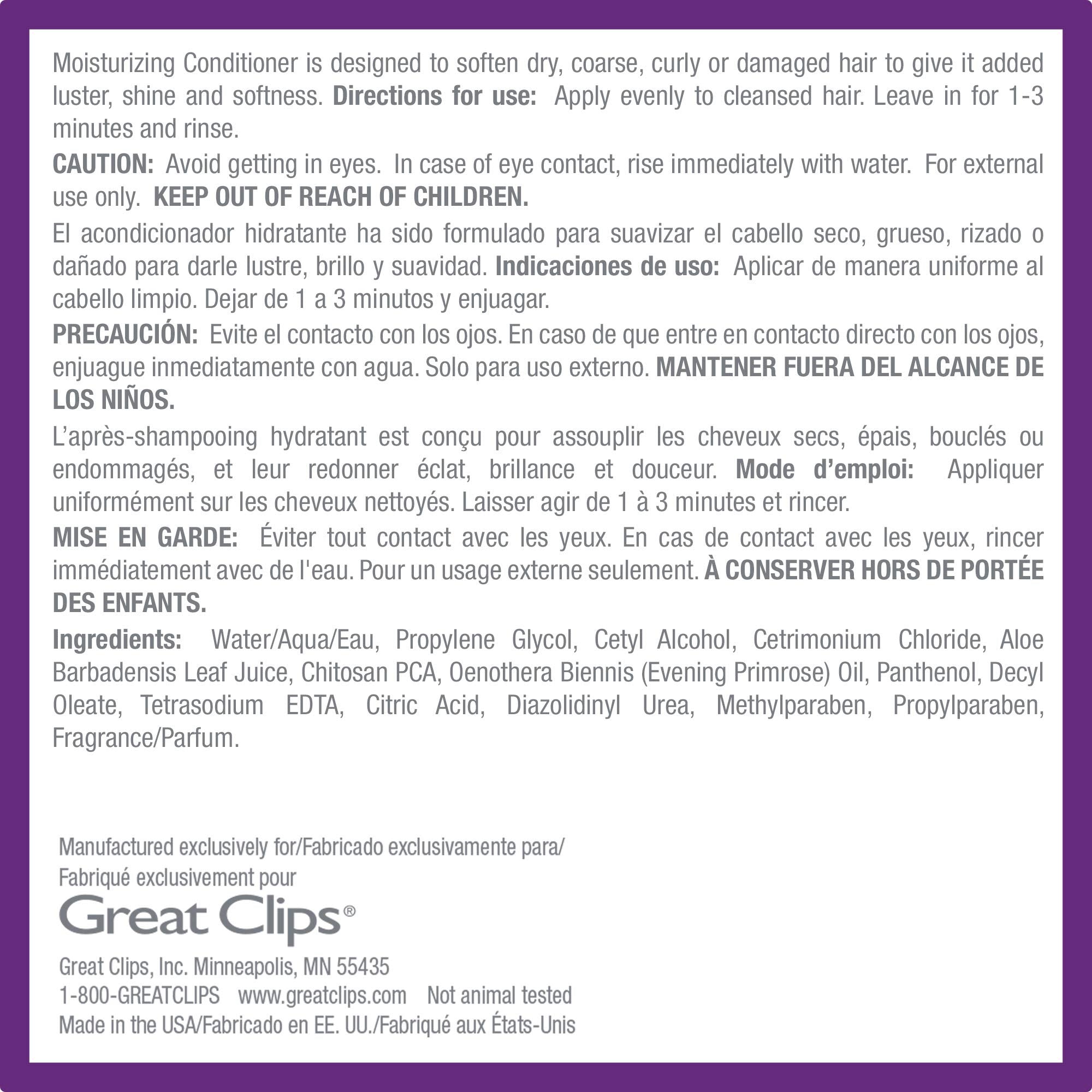 GREAT CLIPS Solutions Moisturizing Conditioner results in frizz-free, manageable hair.