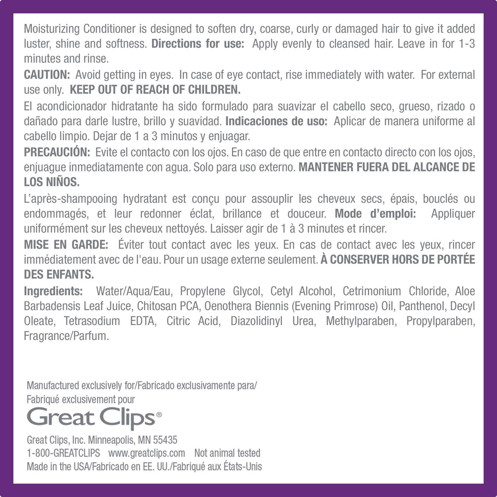 GREAT CLIPS Solutions Moisturizing Conditioner results in frizz-free, manageable hair.