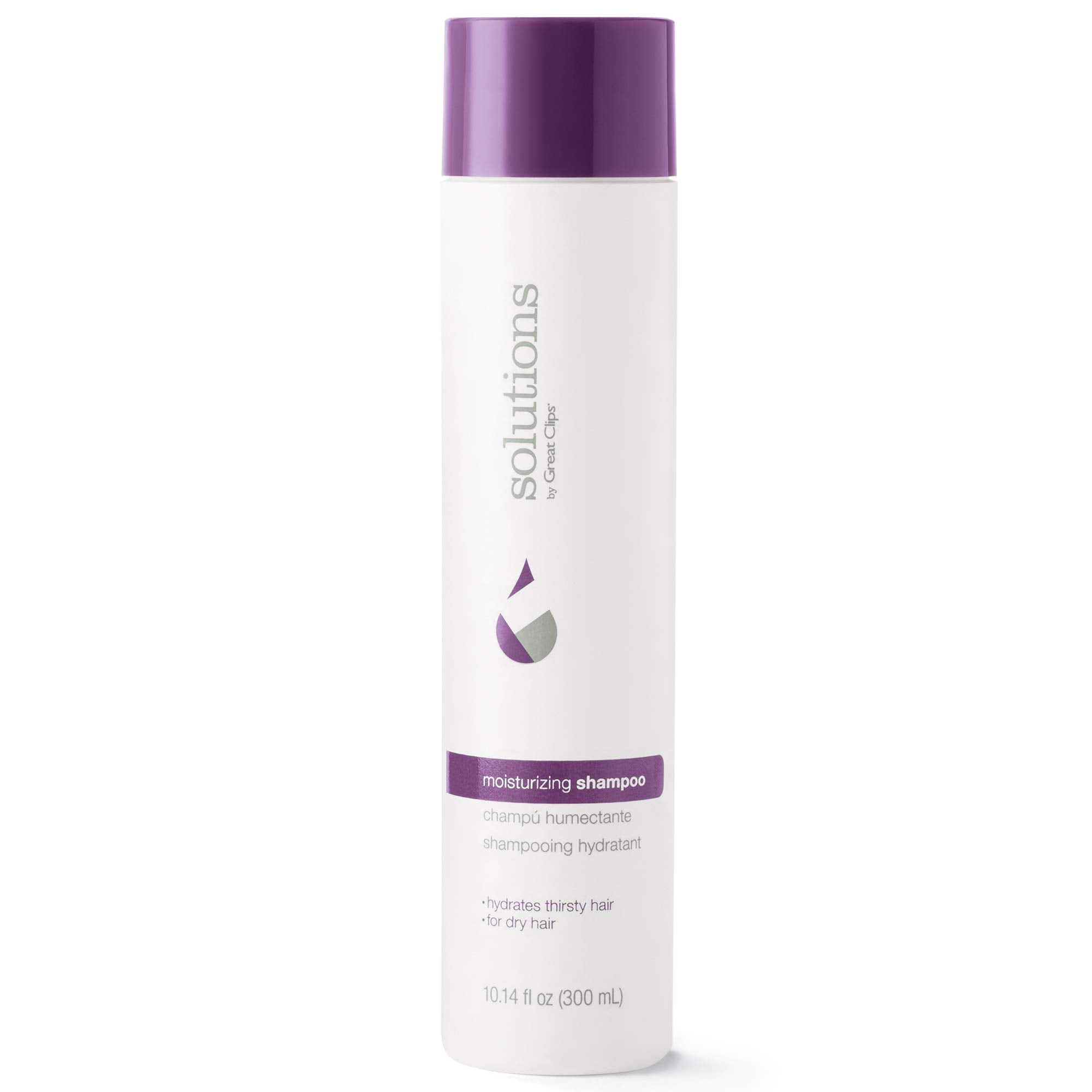 Great Clips Solutions Moisturizing Shampoo bottle close-up, showing a hydrating formula for smoother hair.