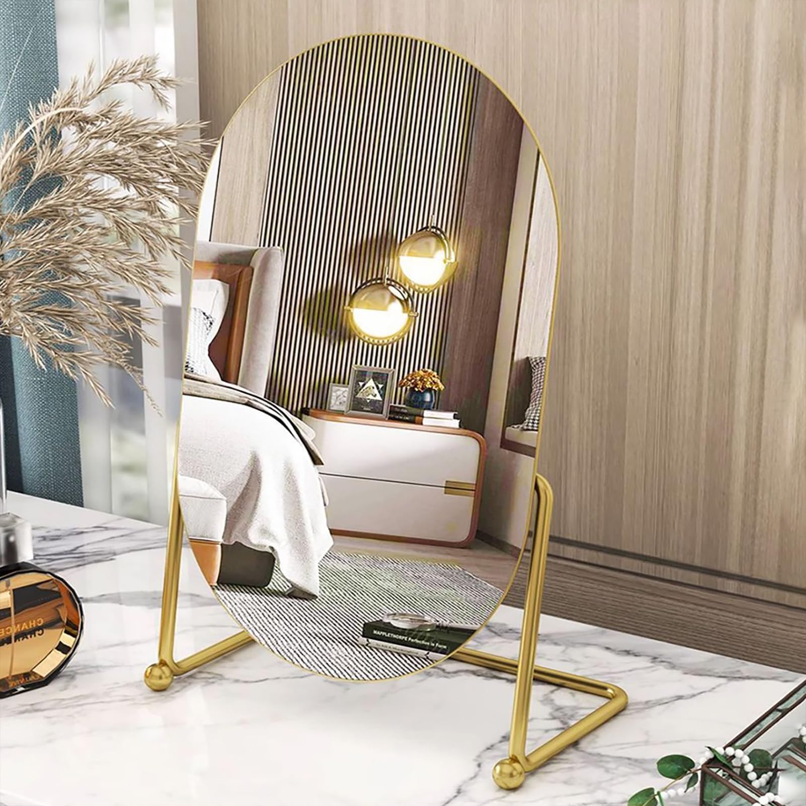 GREATCICI desk vanity mirror with gold frame on a bedroom dresser for precise makeup application.