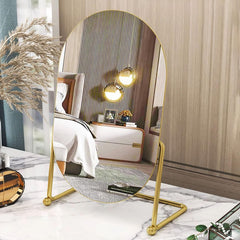 GREATCICI desk vanity mirror with gold frame on a bedroom dresser for precise makeup application.