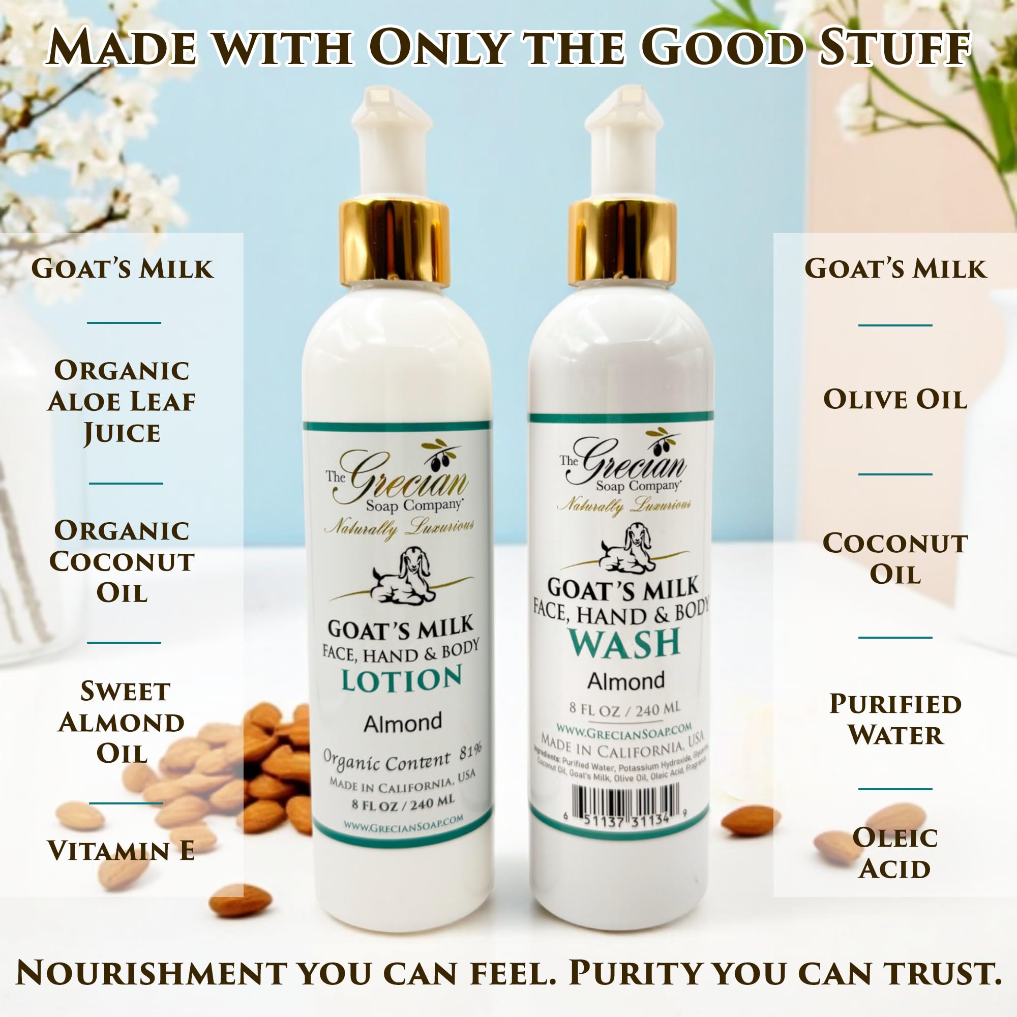 The Grecian Goat Milk Body Wash almond-pump cleanses with gentle lather.