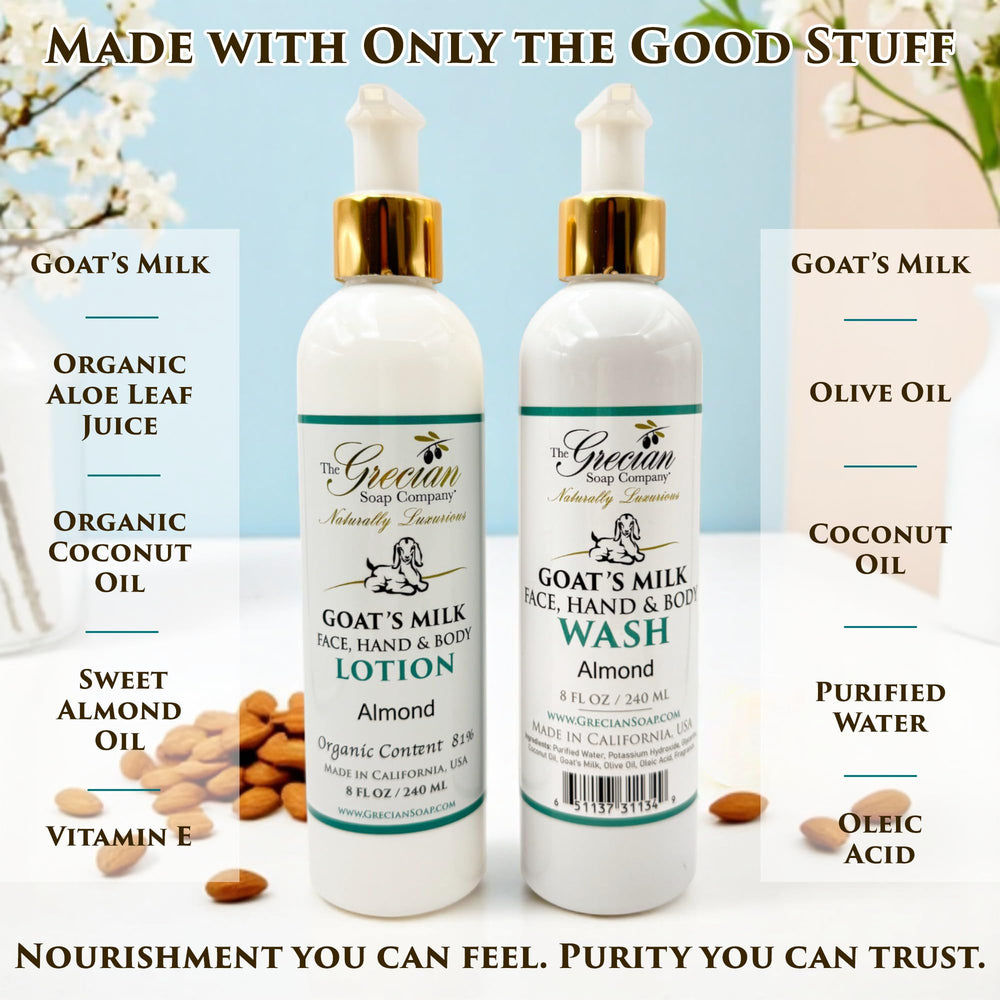 The Grecian Goat Milk Body Wash almond-pump cleanses with gentle lather.