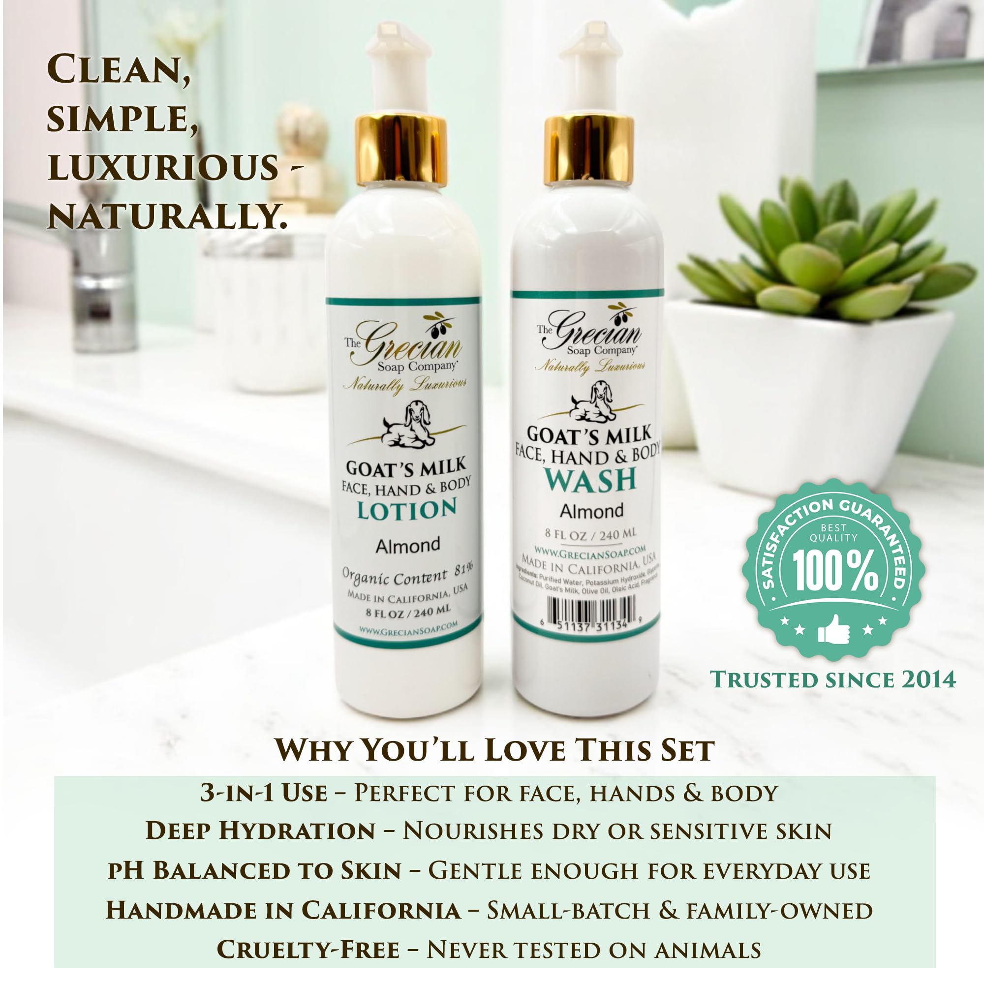 Grecian Goat Milk Body Wash almond scent supports refreshing showers.