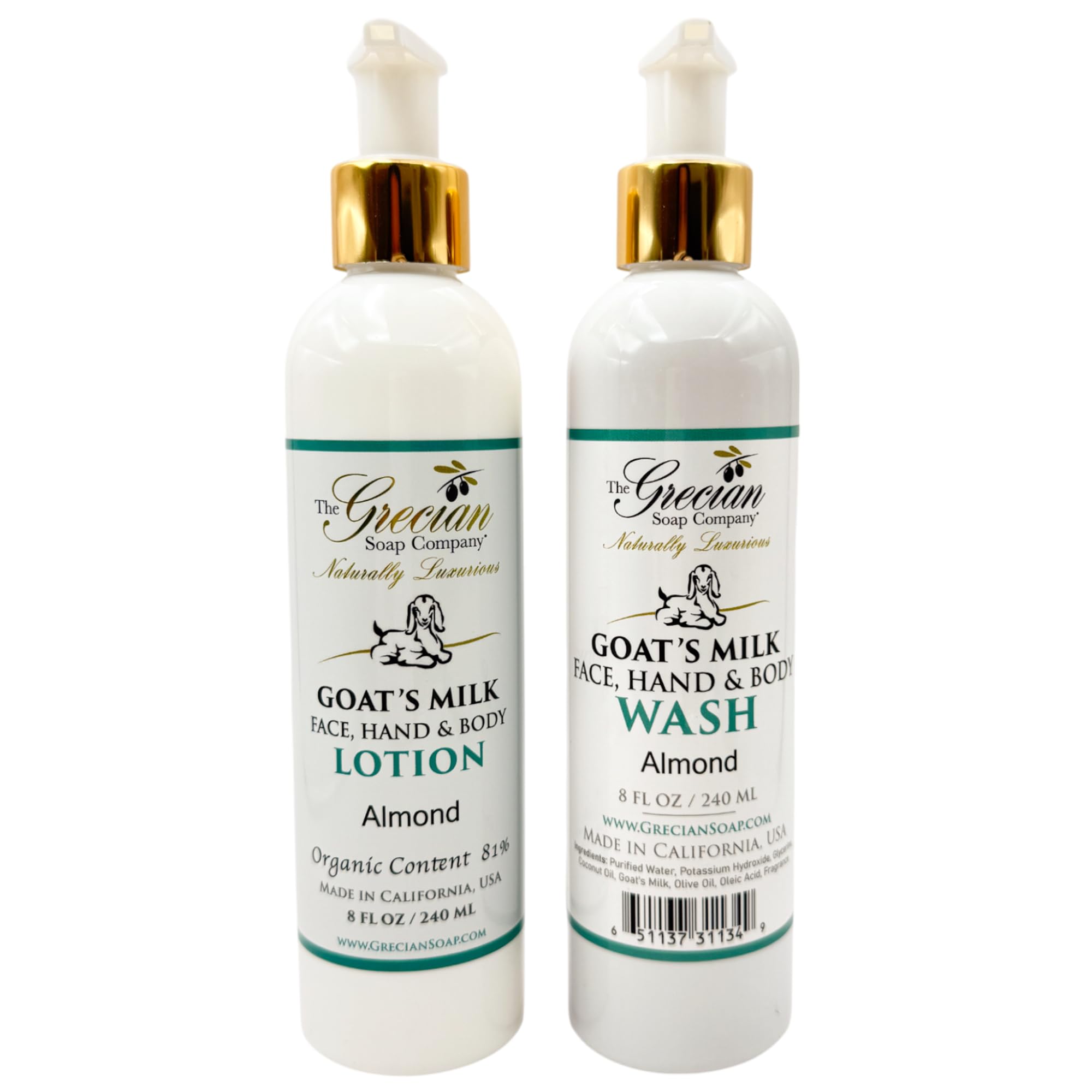 The Grecian Goat Milk Lotion almond-pump hydrates for silky skin.