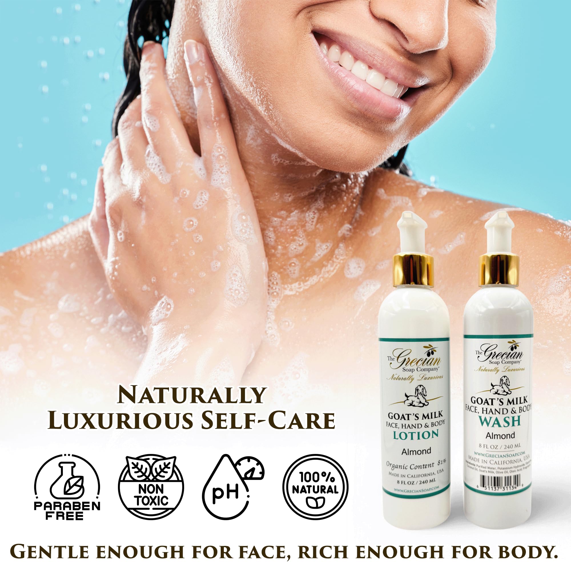 Grecian Goat Milk Lotion almond scent absorbs quickly for soft skin.