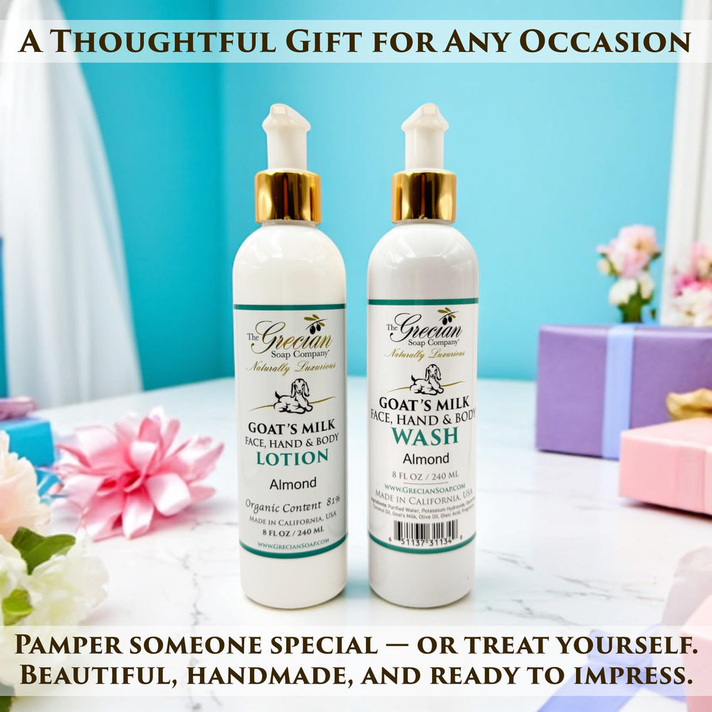 The Grecian Goat Milk Lotion pump bottle enables mess-free daily moisturization.