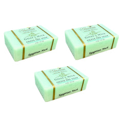 The Grecian Goat Milk & Olive Oil Soap Bar three-pack with Egyptian Musk scent hydrates dry skin.