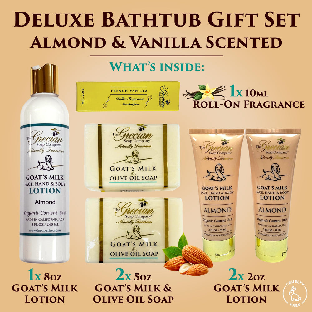 The Grecian Soap Company almond fragrance, soothing scent for daily rituals.
