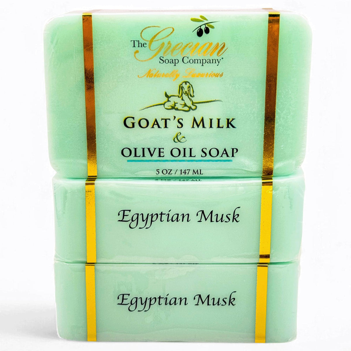 Grecian Soap Company goat milk bar with Egyptian musk in a package display for daily use