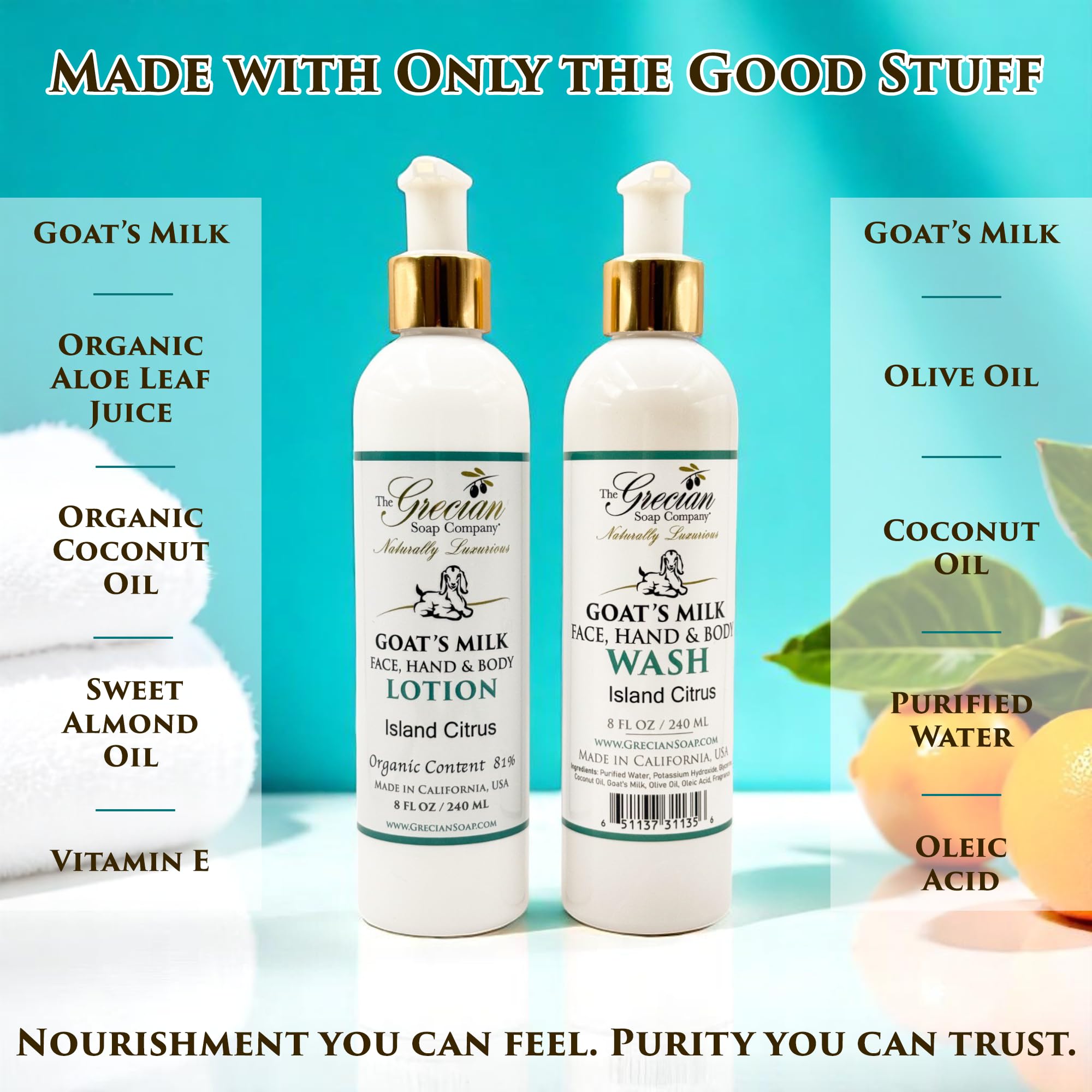 The Grecian Soap Company goat milk body wash pump for gentle cleansing.