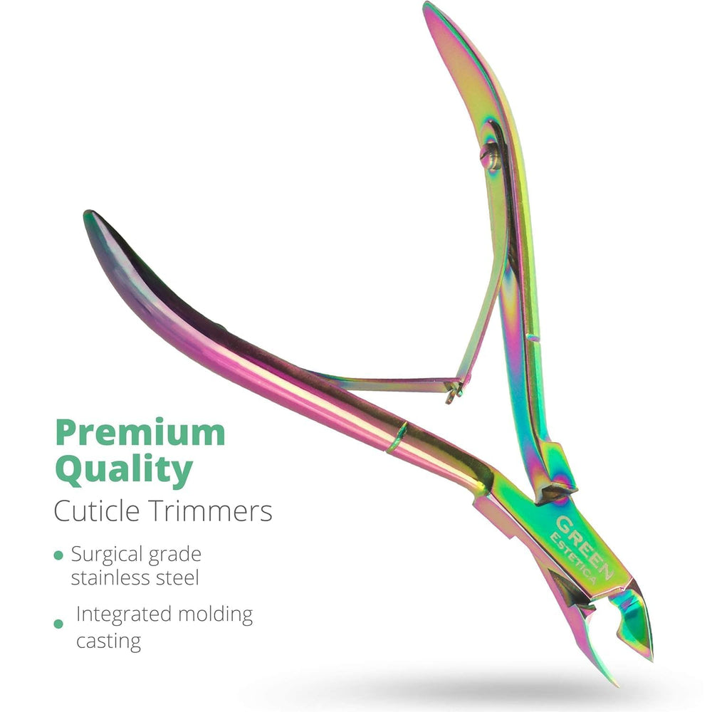 Green Estetica eagle-mouth blade detail enables accurate dead-skin removal.
