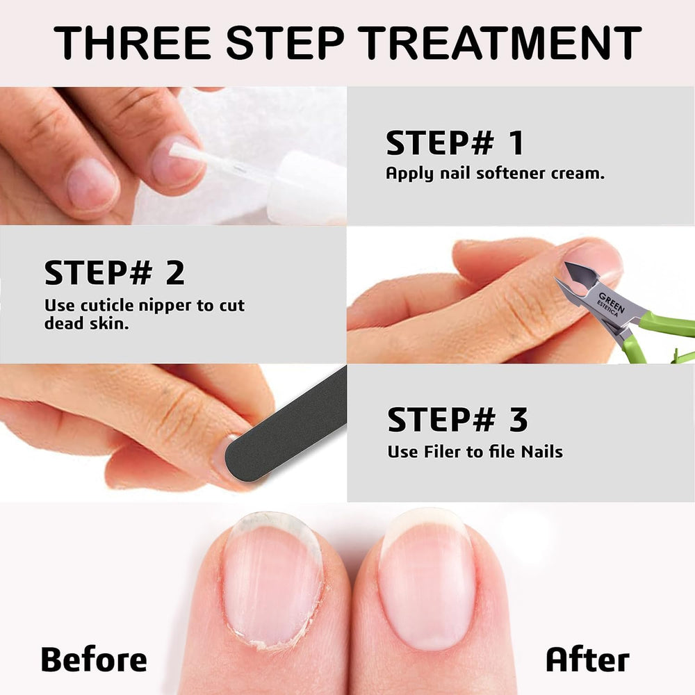 Green Estetica ergonomic cuticle nipper designed for comfortable, precise trimming.