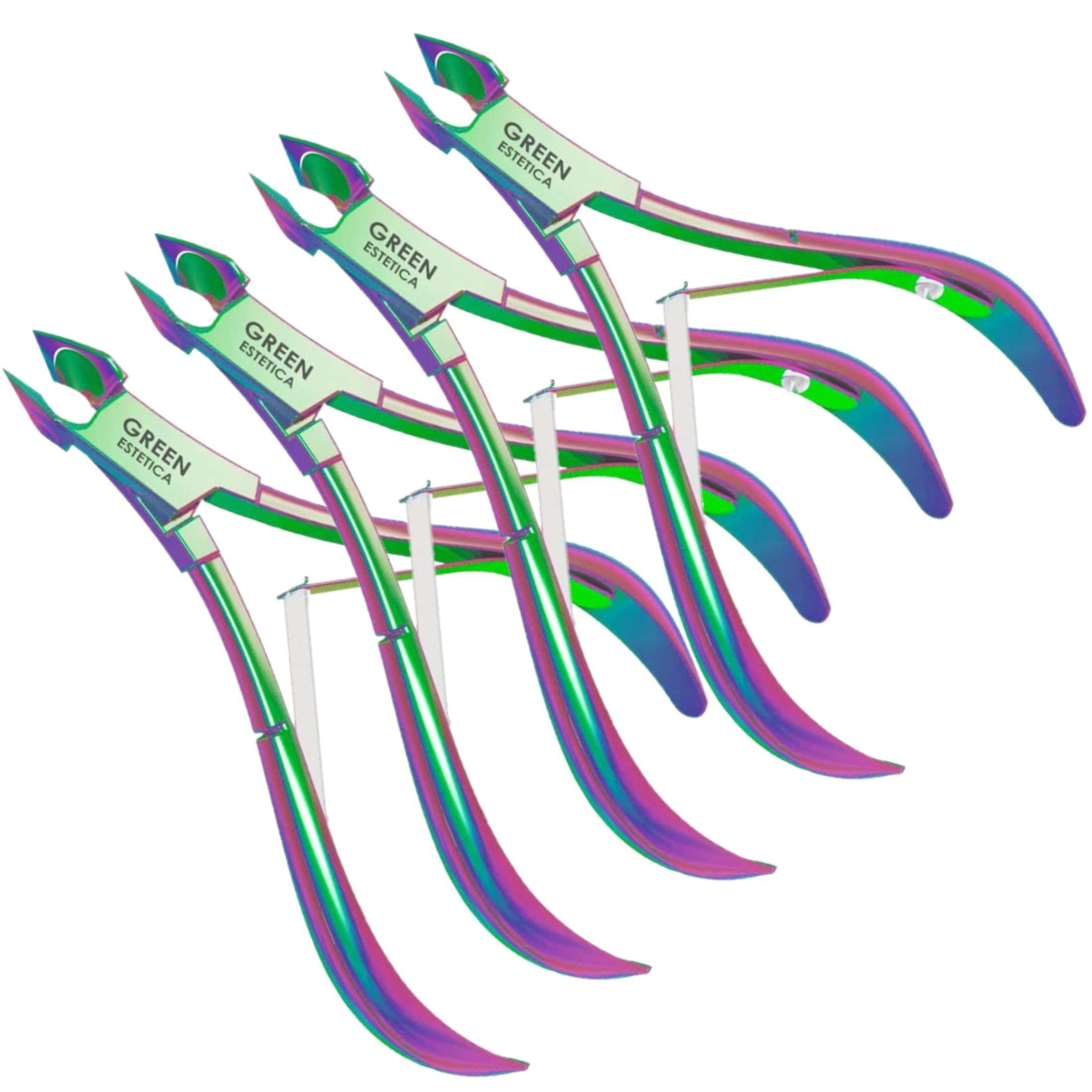 Green Estetica cuticle nipper in stainless steel with close-up blade for precise cuticle care.