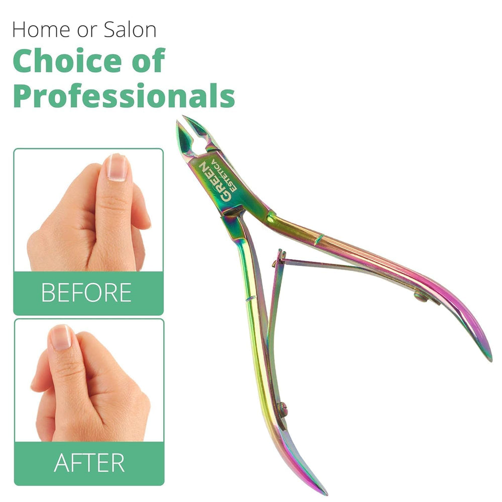 Green Estetica durable stainless steel pedicure tools for home or spa use.