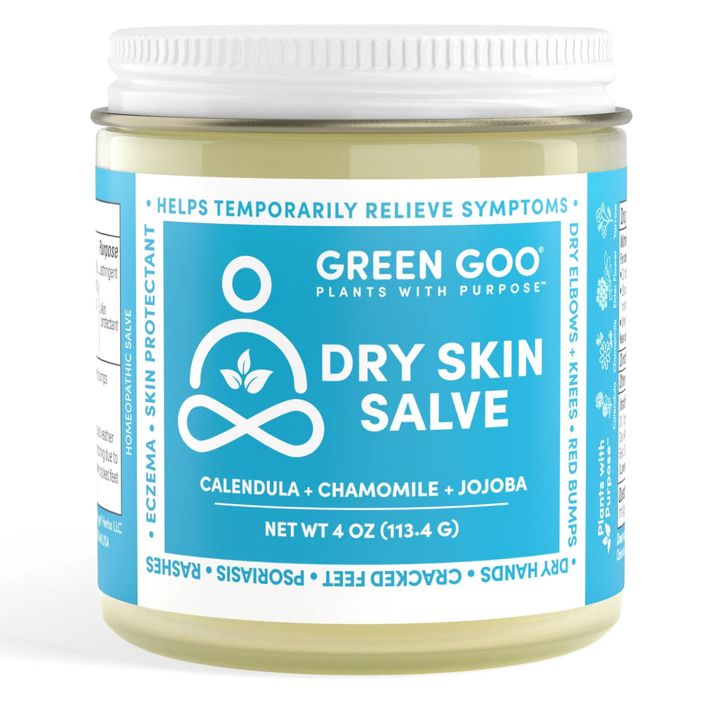 Green Goo Dry Skin Salve bottle showing natural packaging and product name for hydration.