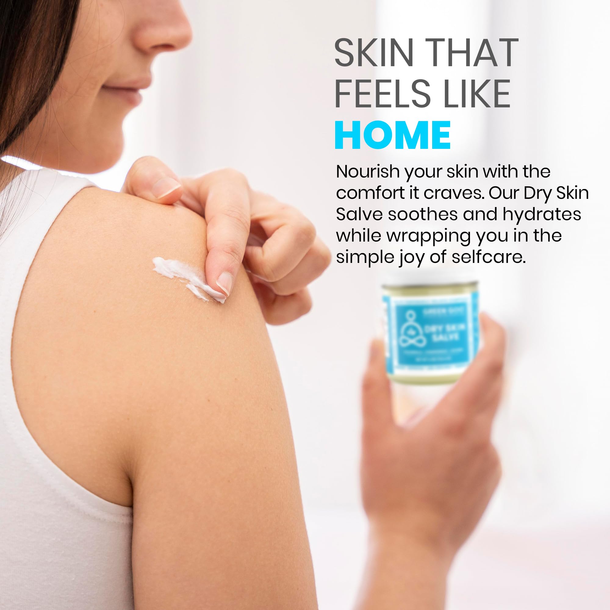 Green Goo salve applied on face and body demonstrating versatile use.