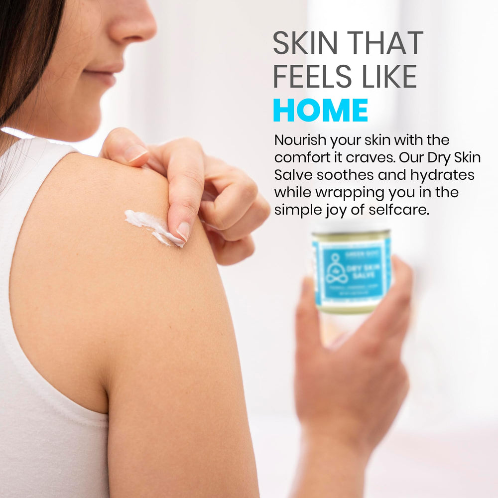 Green Goo salve applied on face and body demonstrating versatile use.