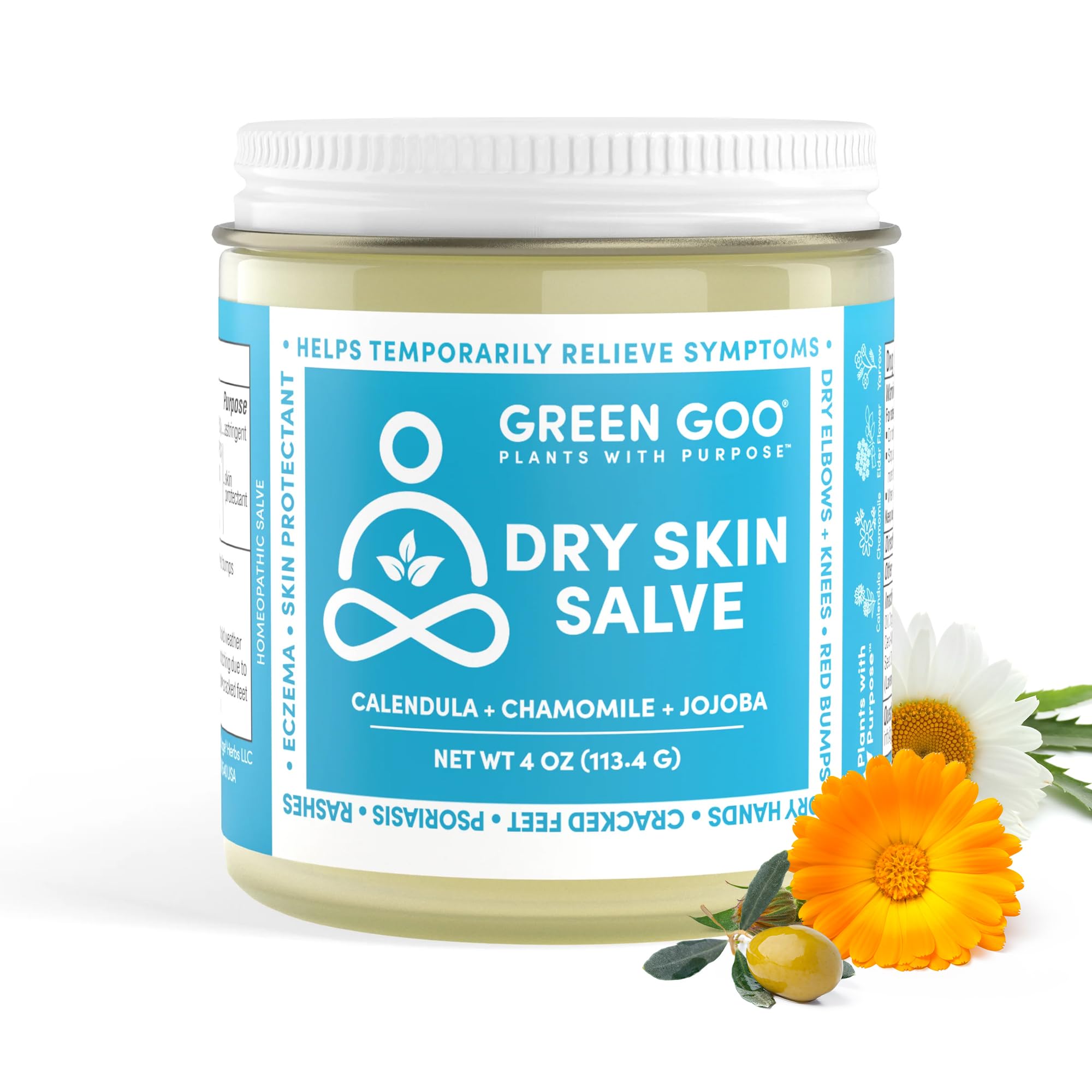 Close-up of Green Goo salve jar highlighting texture and soothing formula.