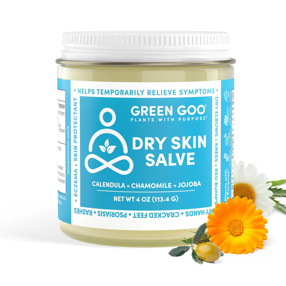 Close-up of Green Goo salve jar highlighting texture and soothing formula.