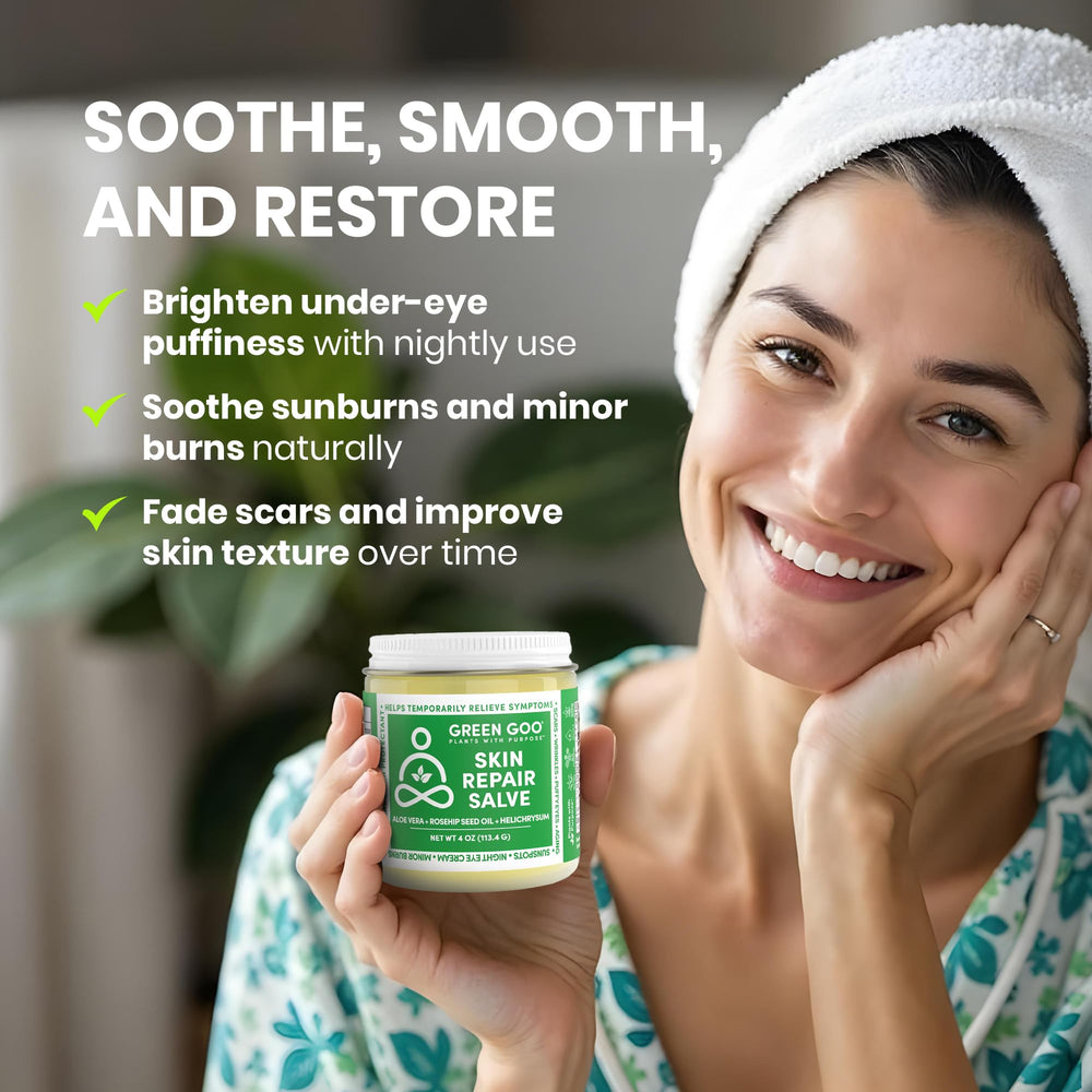 Close-up of Green Goo Skin Repair Salve ingredients including blue chamomile.