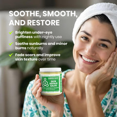 Close-up of Green Goo Skin Repair Salve ingredients including blue chamomile.