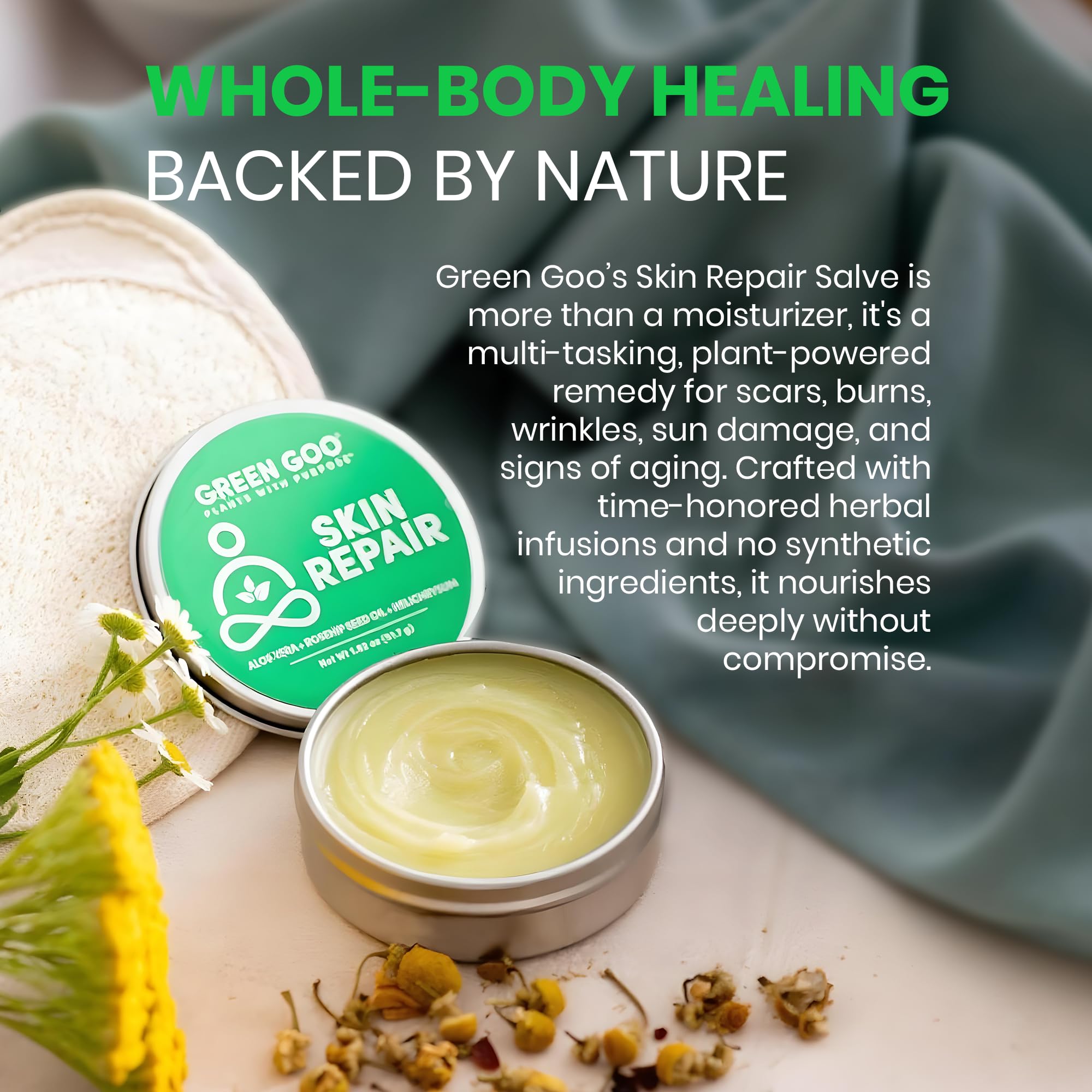 Green Goo Skin Salve applied to dry elbow for daily moisture
