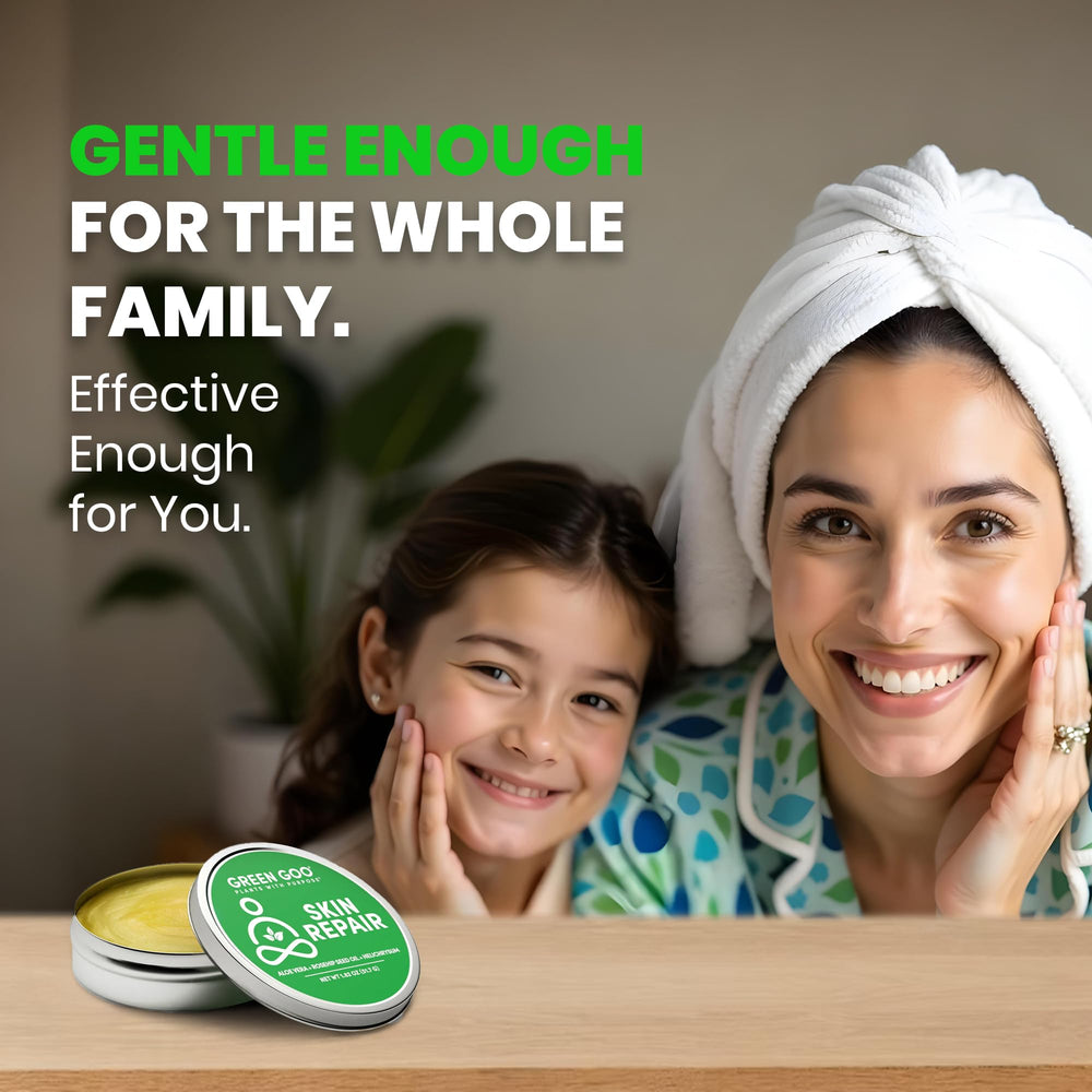 Green Goo Skin Salve tin close-up reveals creamy, soothing texture