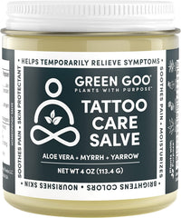 Green Goo Tattoo Care ointment jar for soothing new tattoos and color preservation