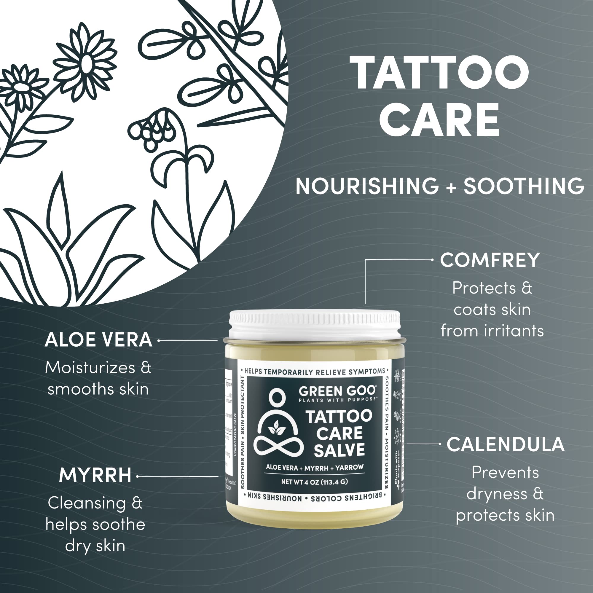 Green Goo Tattoo Care ointment on skin providing calm healing and hydration