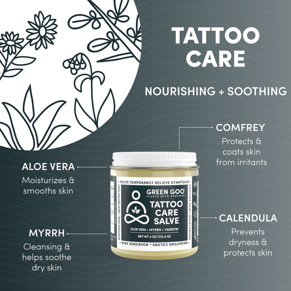 Green Goo Tattoo Care ointment on skin providing calm healing and hydration