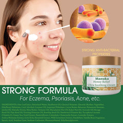 Green Leaf Naturals Manuka Honey Face Cream jar closeup showing creamy texture.