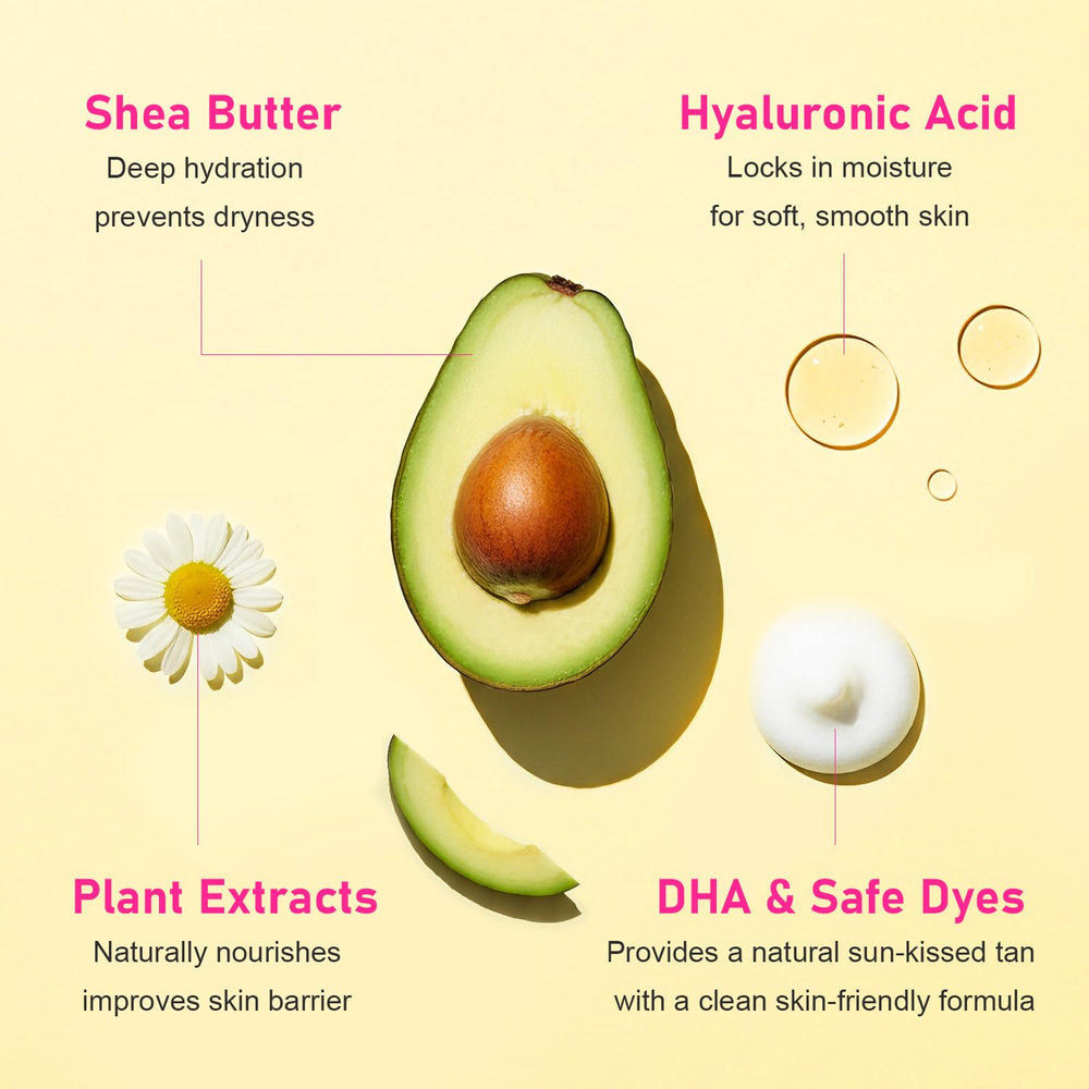 Green Luxe formula with hyaluronic acid nourishes skin during sunless tanning.