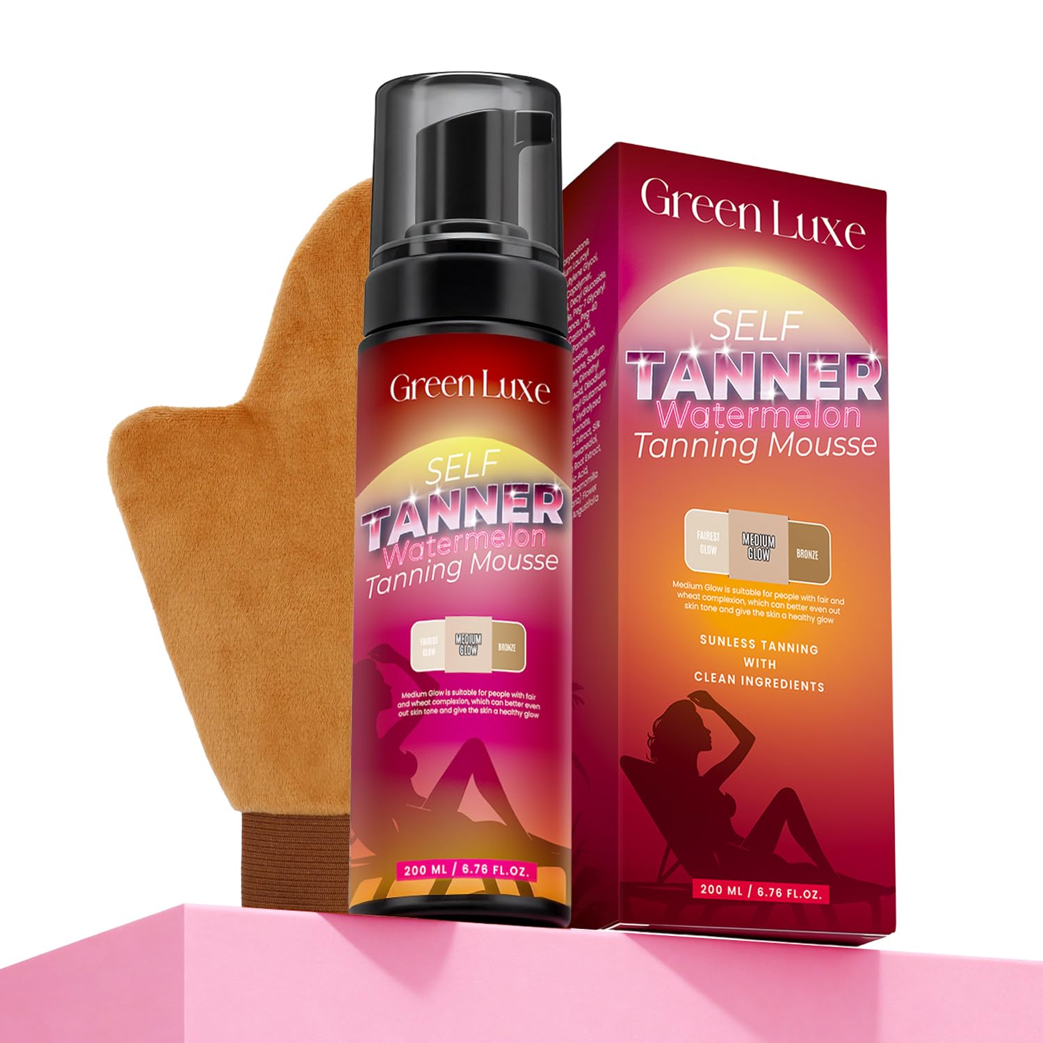 Green Luxe Self Tanner Mousse packaging shows premium design for at-home tanning.