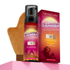 Green Luxe Self Tanner Mousse packaging shows premium design for at-home tanning.