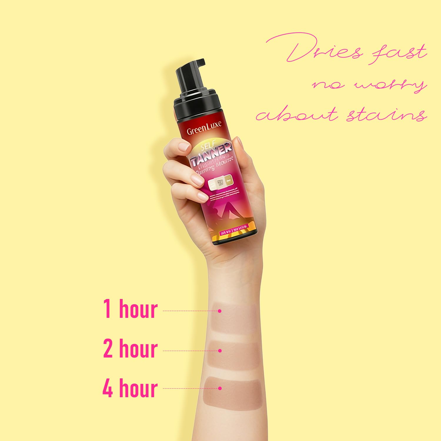 Green Luxe tanning mousse pump bottle controls product usage for clean application.