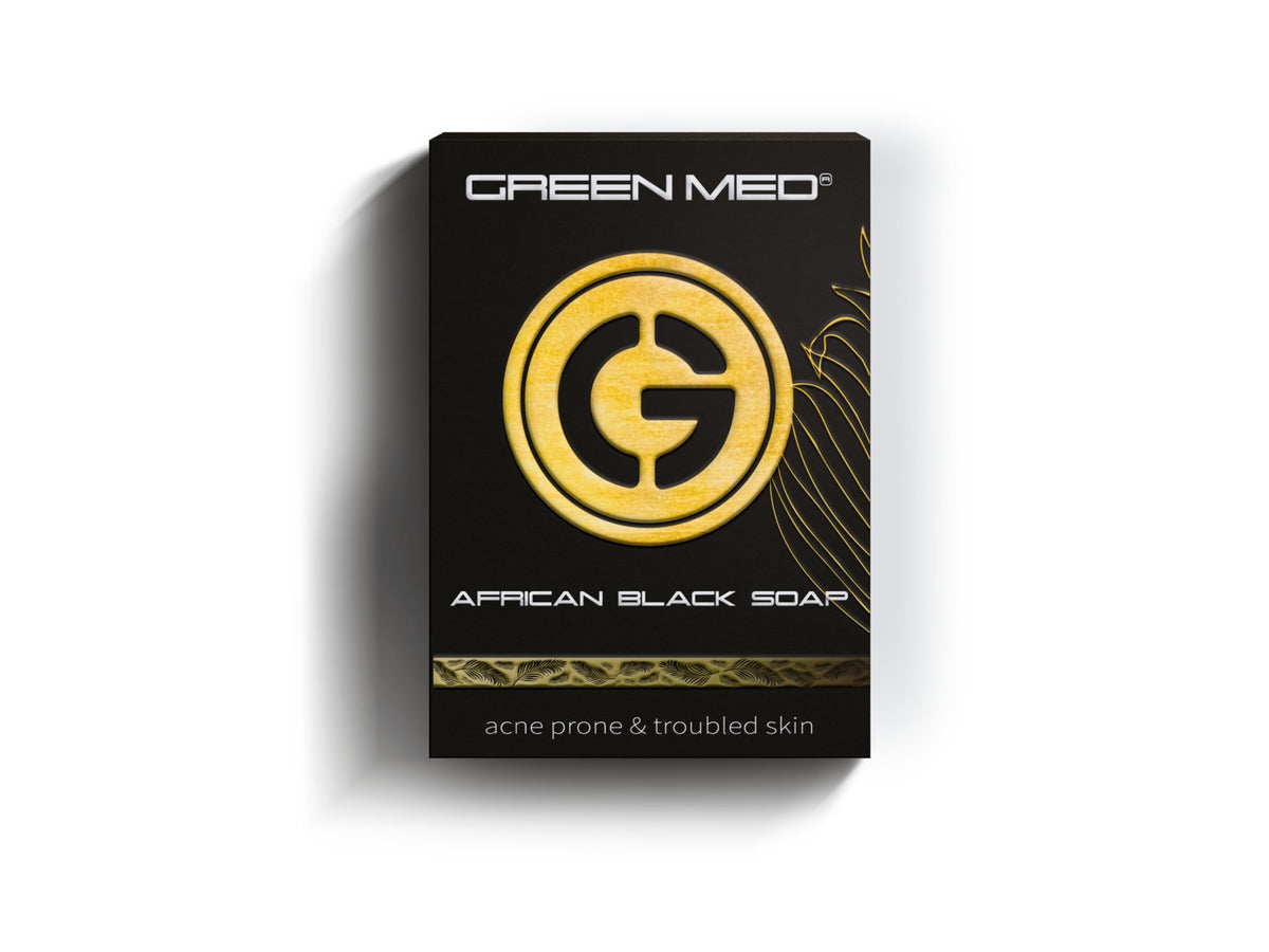 Green Med African Black Soap bar packaging highlighting natural ingredients for clear skin.