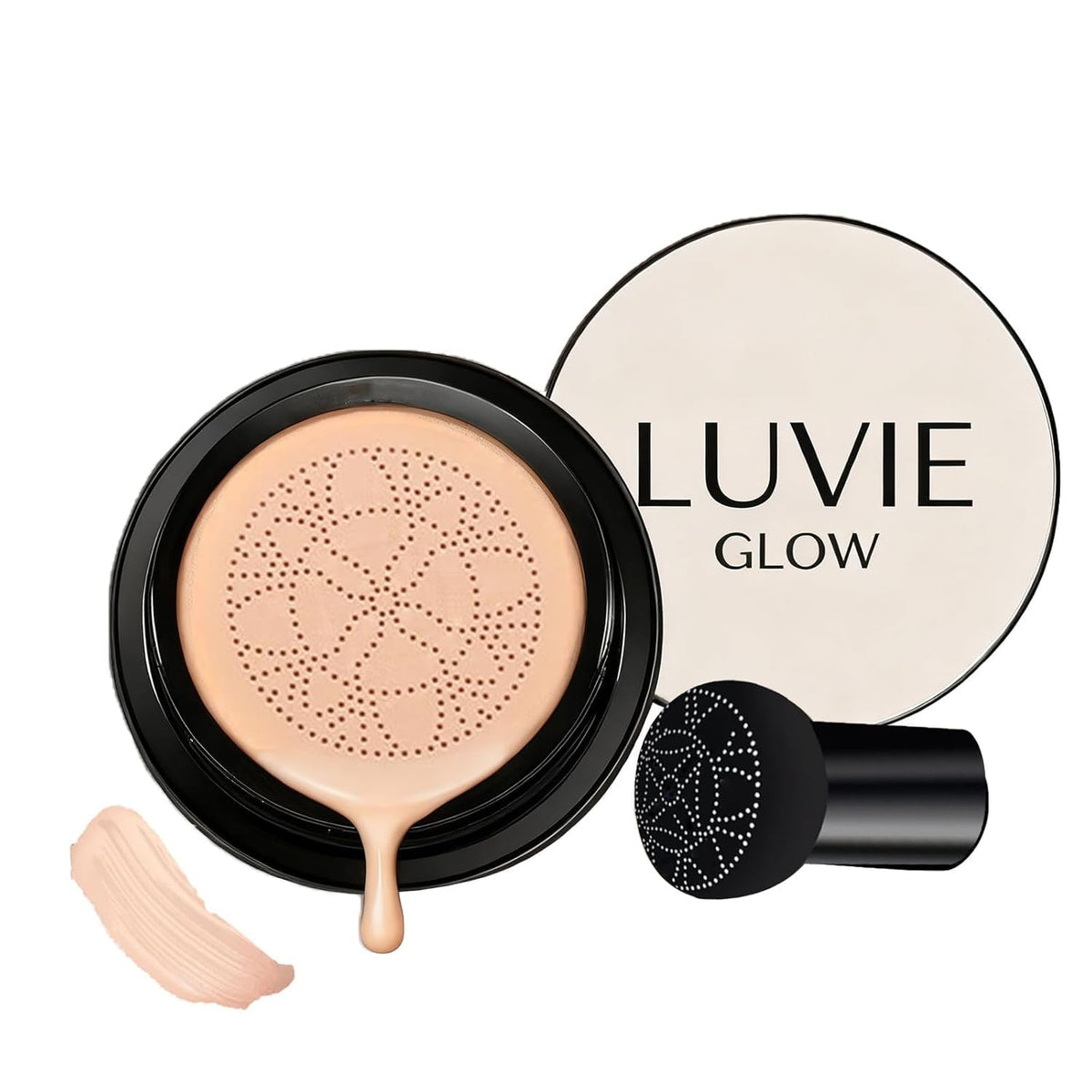 Green Tomato Luvie Glow Foundation Cushion bottle shows radiant, buildable coverage.