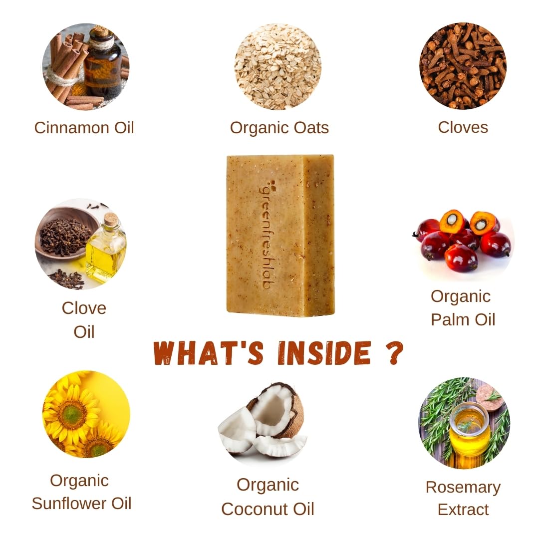 Greenfreshlab organic oats exfoliating bar showing gentle buffing for soft skin.