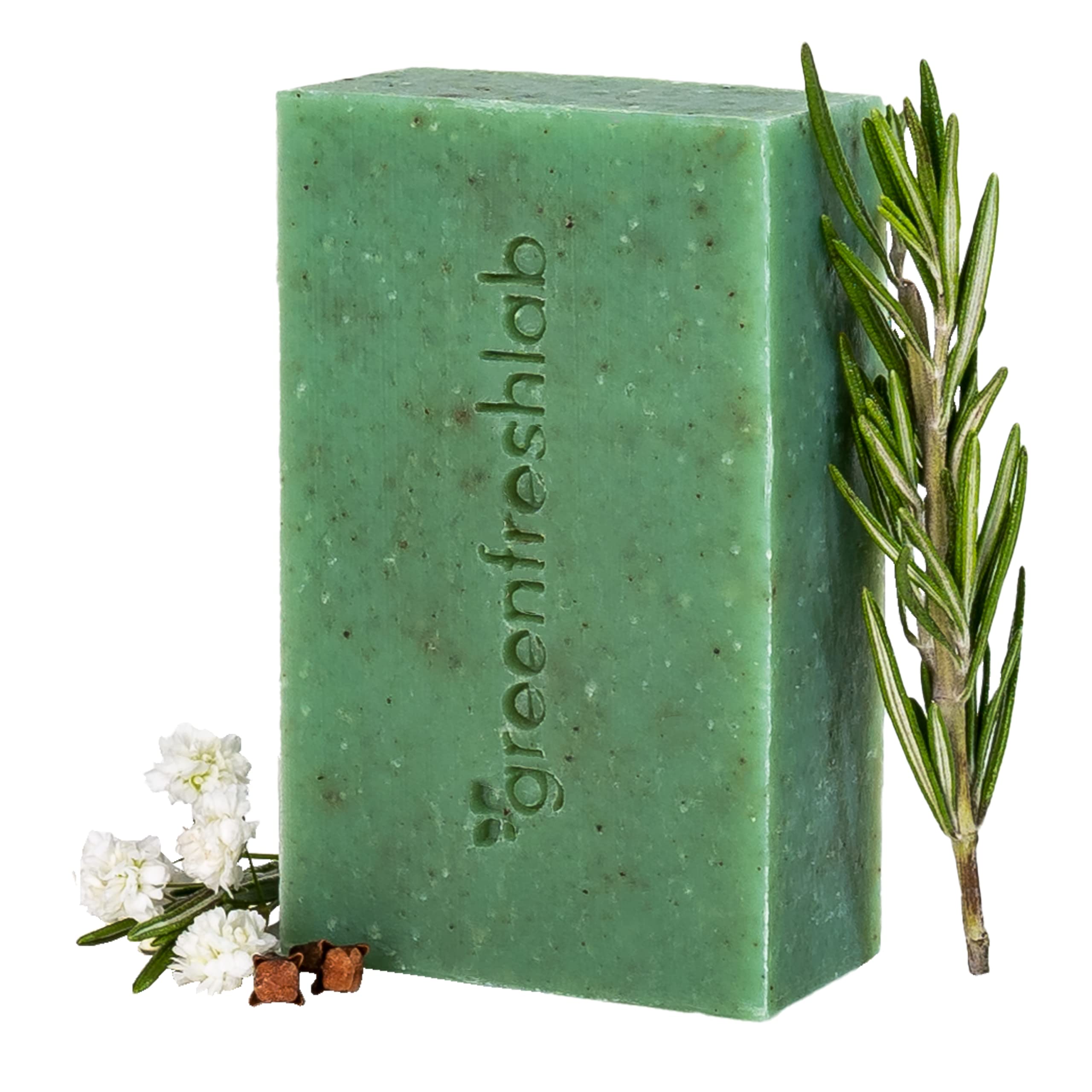 Greenfreshlab Thyme + Rosemary Soap Bar packaging highlights eco-friendly design and vegan ingredients.