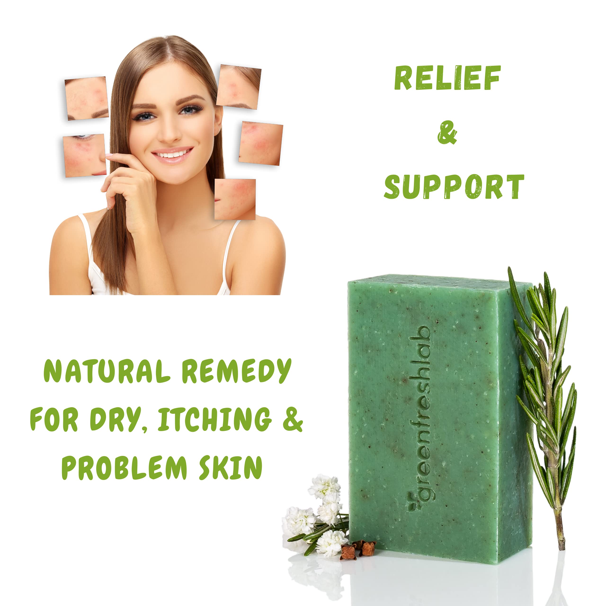Greenfreshlab Thyme + Rosemary Soap Bar patchouli oil close-up signals calming aroma.
