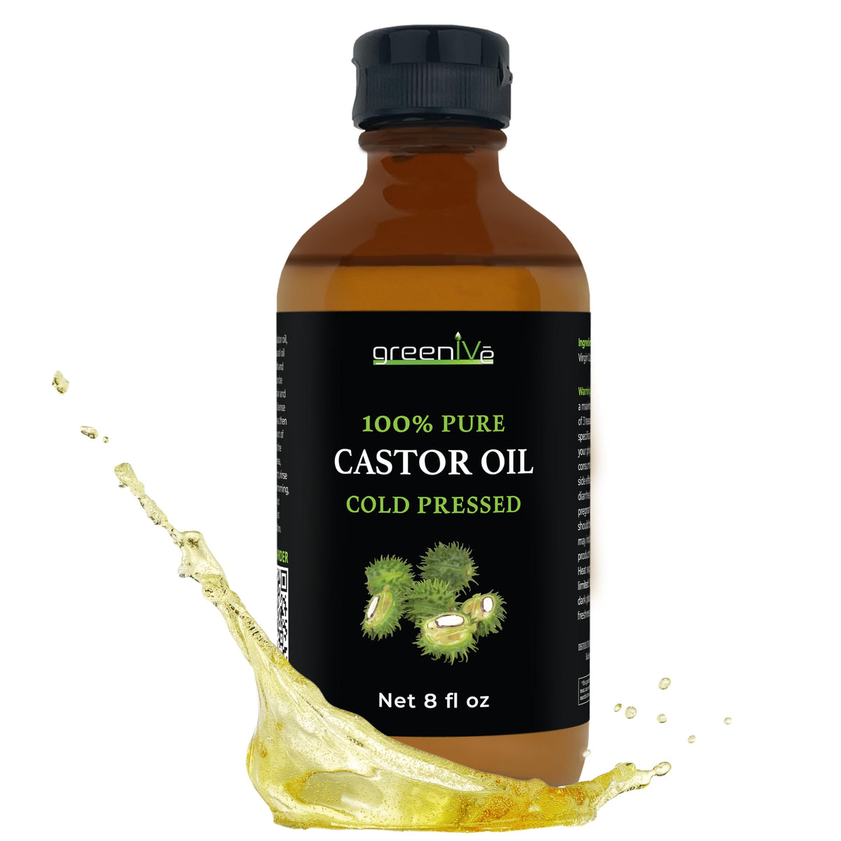 GreenIVe castor oil bottle 8oz for hair, lashes, and skin care.