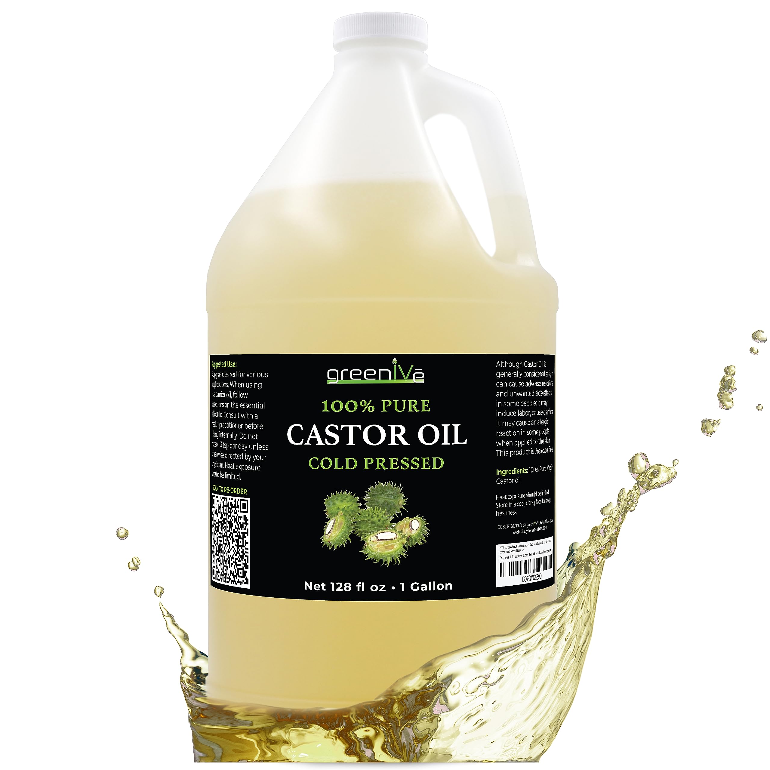 GreenIVe Castor Oil bottle one gallon for bulk home use and long storage.