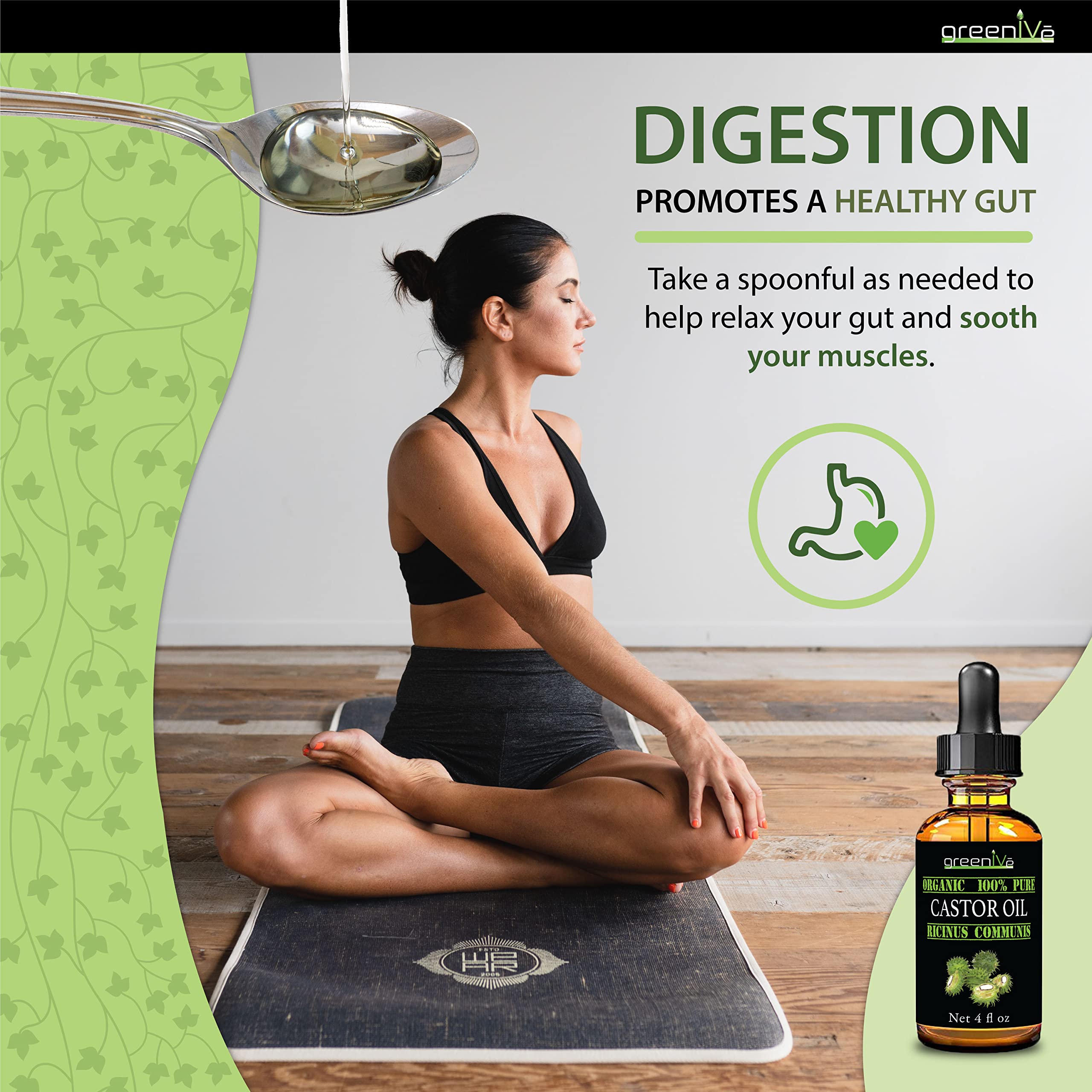 GreenIVe Castor Oil for packs and detox wraps, thick, golden texture.