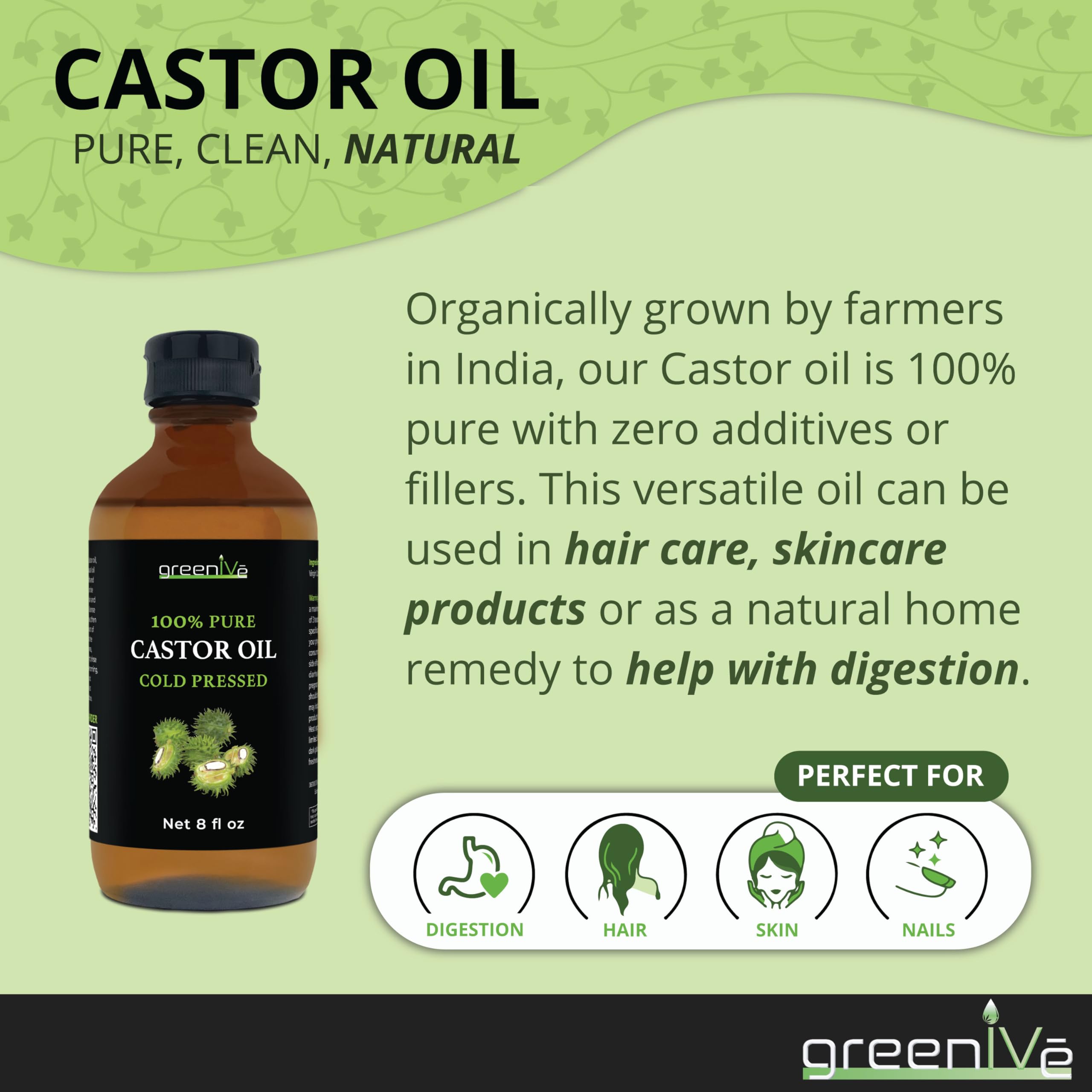 GreenIVe castor oil delivers rich, non-greasy skin moisture.