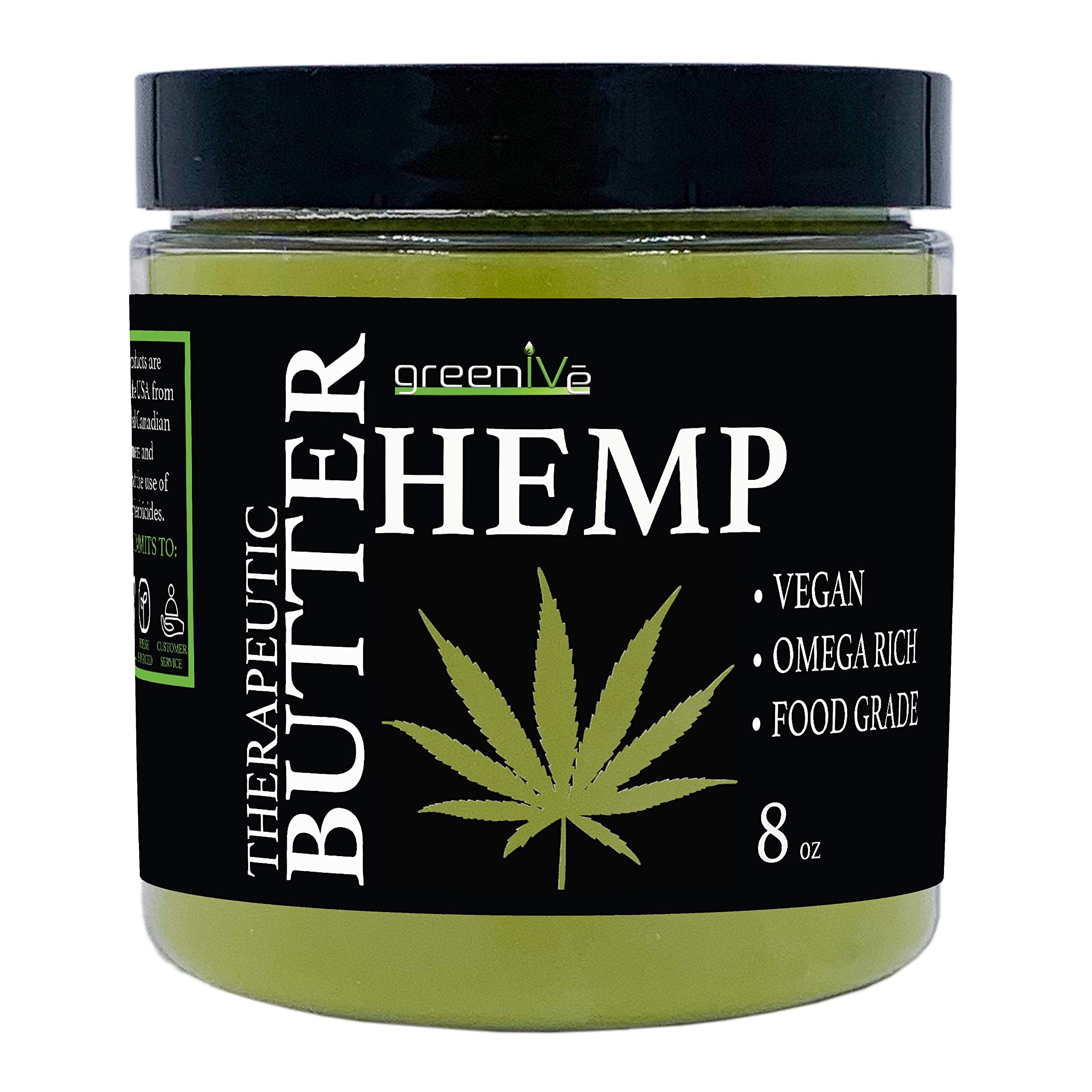 GreenIVe hemp butter jar back label detailing purity and third-party testing information.